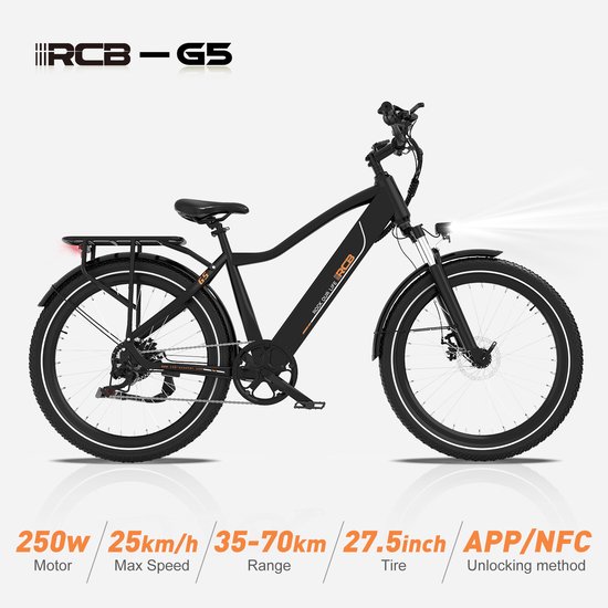 RCB G5 Elektrische Fiets, Trendy 80km City Commuter EBike, 250W, 36V 13Ah, Voorvorkvering, 7 Versnellingen, App, NFC & LCD, Lichtgewicht Aluminium, Zwart, Dames/Heren