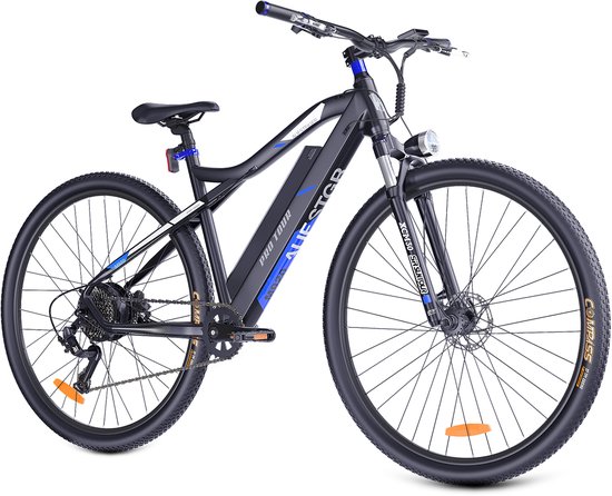 Re-purelife® Elektrische Fiets 250W met 13Ah Accu – Tot 60km Bereik – 27.5 inch – Aluminium Frame - Framemaat 48 cm – Mechanische Schijfremmen– 9 Versnellingen – CE&EN15194 Gecertificeerd–Veilige, Duurzaam&Comfortabele Mountain E-Bike - Zwart & Blauw van Merkloos