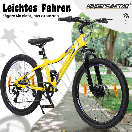 REDOM - Mountainbike Voor Kinderen En Jongeren - 24 Inch - 6 Versnellingen - Verende Voorvork - Schijfremmen - Geel