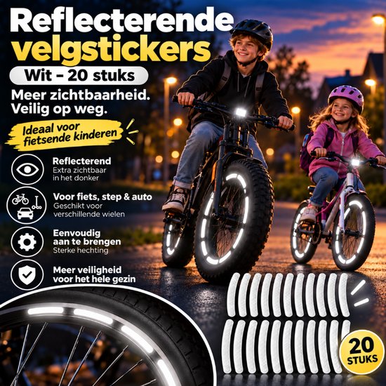 Reflecterende velgstickers 20 stuks - Wit - Fiets Veiligheid - Bike Stickers - Fatbike - Auto - Step - Velgen