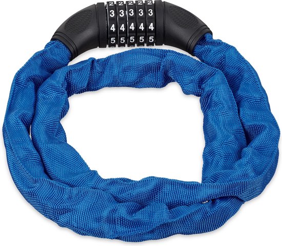 Relaxdays kettingslot fiets - 5 cijfers - staal - 120 cm - beschermend omhulsel - tegen diefstal - blauw van Relaxdays