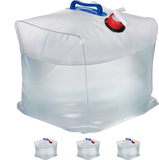 Relaxdays opvouwbare jerrycan set van 4 - 20 liter - met kraan - BPA-vrij kunststof - camping - transparant van Relaxdays