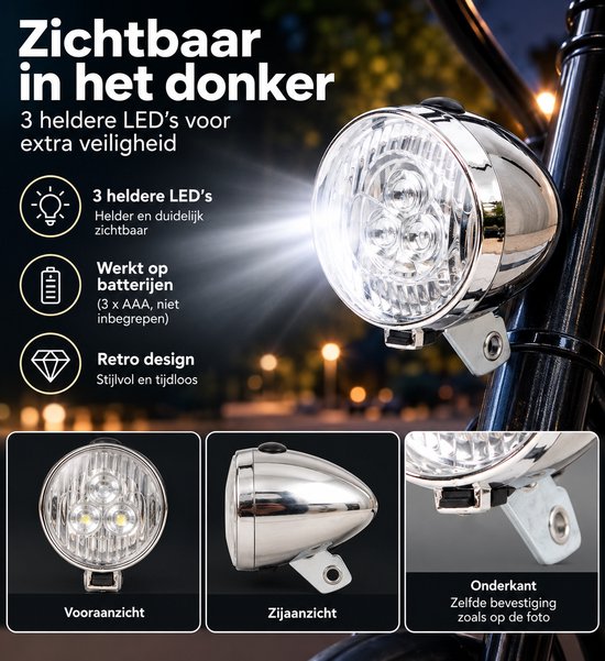 Retro LED Fietskoplamp - 3 LED - Zilver - Vintage Voorlicht - Werkt op 3x AAA Baterijen