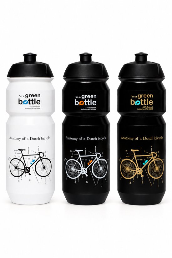 Retulp Bio Bidon pakket Fiets - Bidons - Waterflessen - Sport - Waterfles - Drinkfles - Bidon - 750 ml - 3 stuks -wit/zwart/goud