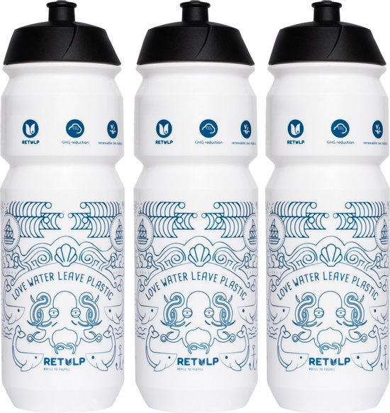 Retulp Bio Bidon pakket Ocean - Bidons - Waterflessen - Sport - Waterfles - Drinkfles - Bidon - 750 ml - 3 stuks