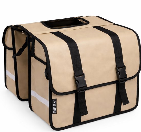Rieba® Dubbele Fietstas 42 Liter - Electrische fiets - Stadsfiets - Reflectoren - Beige - Waterdicht - Tarpaulin - Universele Bevestiging van Rieba