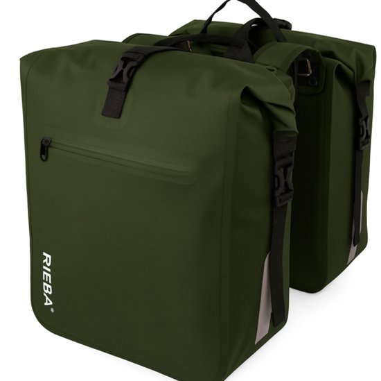 Rieba® Dubbele Fietstas 46 Liter Rolltop - Olijfgroen - Hoogwaardig Materiaal - 100% Waterdicht - Moderne Uitstraling - Universele Bevestiging - Reflectie - Extra Voorvak - Fietstassen Stadsfiets en Elektrische Fiets