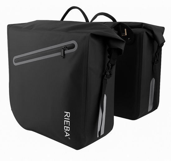 Rieba® Dubbele Fietstas 46 Liter Rolltop - Zwart - Hoogwaardig Materiaal - 100% Waterdicht - Moderne Uitstraling - Universele Bevestiging - Reflectie - Extra Voorvak - Fietstassen Stadsfiets en Elektrische Fiets van Merkloos