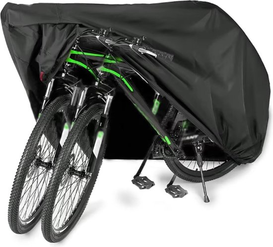 Rieba® Fietshoes Universeel voor 1 of 2 Fietsen - 200 x 85 x 110cm - Beschermhoes Regenhoes Waterdicht - Universele Fietsbeschermhoes - Elektrische fiets - Stadsfiets - Mountainbike - Voor Stalling en Fietsendrager - Met Opbergzak - Polyester - Zwart van Merkloos