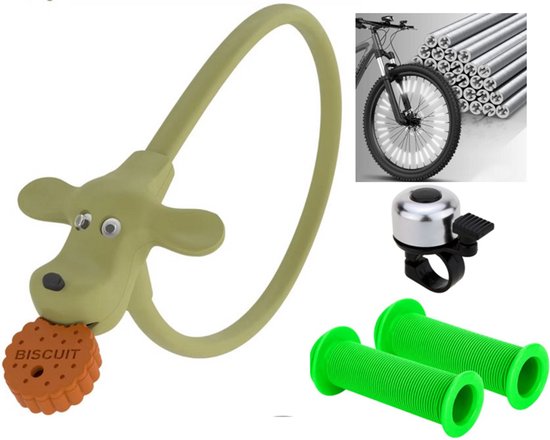 Rieba® Fietsslot 4-delige Set Grijs / Groen - Kinderslot voor Kinderfiets - Inclusief Fietsbel - Spaakversiering & Handvatten - Accessoires voor Kinderen - Fiets Kind - Grijs / Groen van Rieba