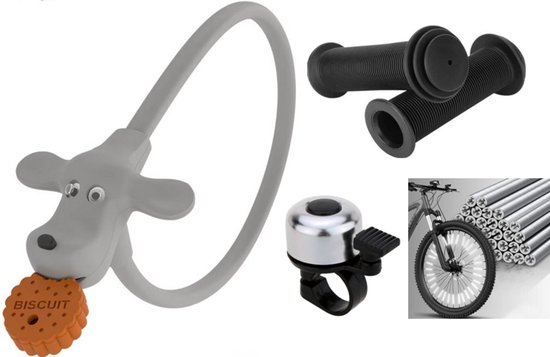 Rieba® Fietsslot 4-delige Set Grijs / Zwart - Kinderslot voor Kinderfiets - Inclusief Fietsbel - Spaakversiering & Handvatten - Accessoires voor Kinderen - Fiets Kind - Grijs / Zwart van Rieba
