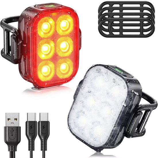 Rieba® Fietsverlichting LED USB Oplaadbaar - Verlichting Fietslamp Set - Fiets Voorlicht Achterlicht - Fietslampjes - Achterlamp 6 Lichtstanden - Koplamp 4 Lichtstanden - IPX6 Waterdicht - Valbestendig - 2-Delig - Inclusief Oplaadkabels - Rood & Wit