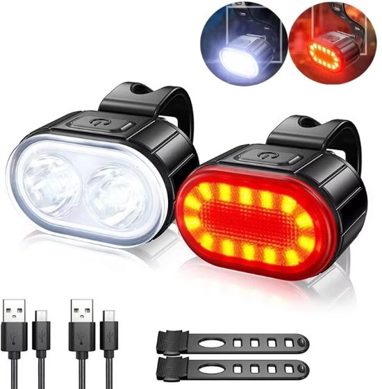 Rieba® Fietsverlichting USB Oplaadbaar - Verlichtingsset Fiets - Koplamp 4 Lichtstanden - Achterlamp 6 Lichtstanden - LED Fietslamp - Fietslampjes - Fietslichten - Waterdicht IPX6 - Valbestendig - 2-Delig - Inclusief Kabels - Wit - Rood
