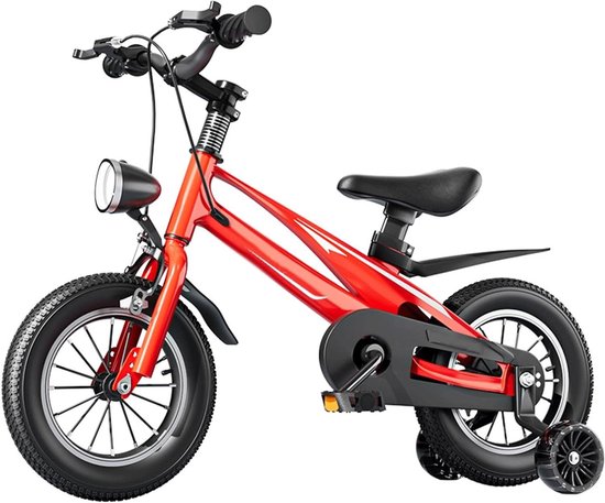 rijdend speelgoed Kinderfiets for kinderen van 3 tot 7 jaar, 12/14/16 inch lichtgewicht magnesiumlegering fiets met voor- en achterremmen, LED-koplamp en zijwieltjes fiets(Rot,14inch)