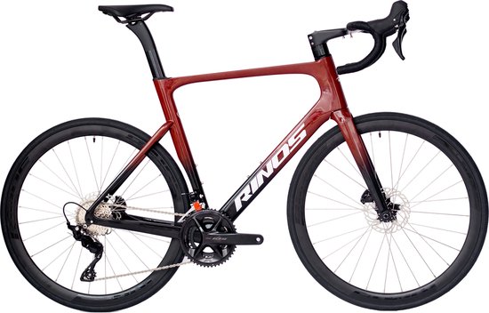 Rinos Odin 4 Carbon racefiets -Roadbike - lichtgewicht racefiets 700C - Shimano 105 - 24 versnellingen- aerodynamisch ontwerp - hydraulische remmen - unisex - Zwart Rood 52 --2024 van Rinos