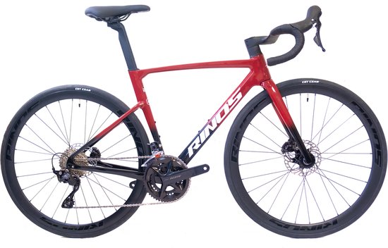 Rinos Odin 4.1.0 Carbon racefiets -Roadbike - lichtgewicht racefiets 700C - Shimano 105 - 24 versnellingen- aerodynamisch ontwerp - hydraulische remmen - Wielen van koolstofvezel-unisex - Zwart Rood XS-50 van Rinos