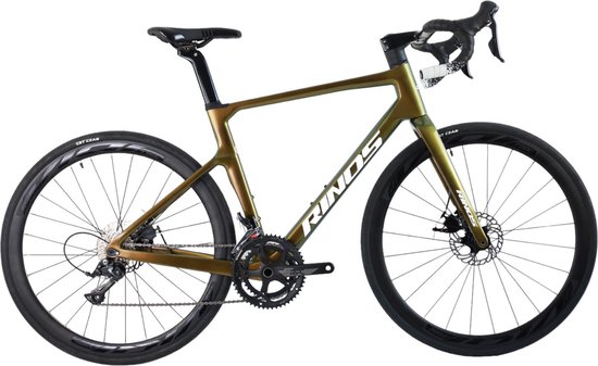 Rinos Odin1.0 Carbon Road Fiets, met Shimano SORA 18 versnellingen en schijfremmen, lichte fiets voor dames en heren, 700 x 40C, Kameleon Goud & Groent 56 van Rinos