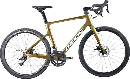 Rinos Odin1.0 Carbon Road Fiets, met Shimano SORA 18 versnellingen en schijfremmen, lichte fiets voor dames en heren, 700 x 40C, Kameleon Goud & Groent 58 van Rinos