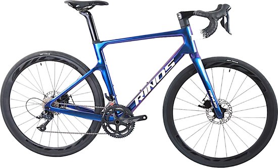 Rinos Odin1.0 Carbon Road - RaceFiets - met Shimano SORA 18 versnellingen en schijfremmen - lichte fiets voor dames en heren - 700 x 40C - Kameleon Blauw-Paars 58 van Rinos