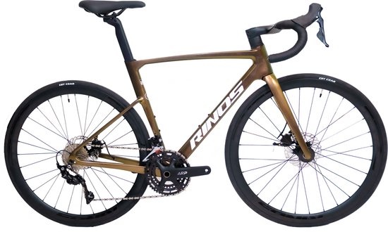 Rinos Odin3 Carbon Road - RaceFiets - met SHIMANO 105 ST-R7000 - 22 versnellingen en schijfremmen - lichte fiets voor dames en heren - 700 x 40C - Kameleon Goud - Groent XS-50 van Rinos