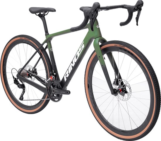 Rinos Sandman 7 Gravel Bike - carbonframe,, GRX 820 24 versnellingen, hydraulische schijfremmen, lichtgewicht, allround fiets voor elk terrein, Zwart Groen 58 van Rinos