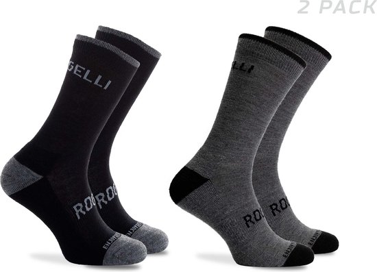 Rogelli Fietssokken Heren en Dames 2-pack - Wielrensokken Merino Wol - Zwart en Grijs - 18-22cm Hoog - Maat 36-39 van Merkloos