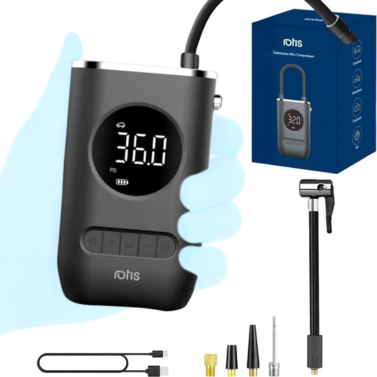 Rotis® Elektrische Fietspomp – Bandenpomp – Luchtcompressor – Autobanden Pomp – Luchtpomp – Scooter/Motor/Auto/Fiets – Ballenpomp – Draagbare Luchtcompressor – 4000 mAh – Tot wel 10.3 Bar – USB Oplaadbaar – Inclusief 4 Opzetstukken van Rotis