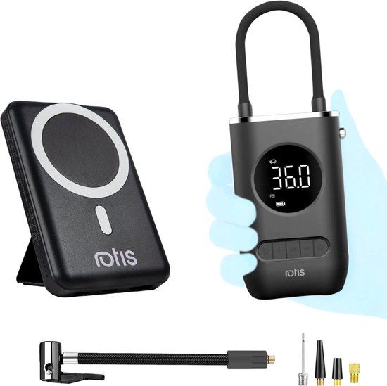 Rotis® Elektrische Fietspomp + Magsafe Powerbank set/bundel - Noodpakket - Bandenpomp voor alle banden - Draadloze powerbank - Inclusief MagSafe ring