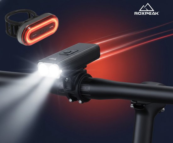 RoxPeak® fietsverlichting set - Voorlamp & Achterlamp - USB oplaadbaar - 1600 Lumen - 300 meter - Ingebouwde Powerbank 2400 MaH- 6 standen - waterdicht