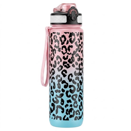 Roze turquoise kleurverloop waterfles bidon dames met zwart luipaard patroon en draaglus – herbruikbare sport waterfles met flip drinkdop en sluitclip voor fitness sport fietsen school kantoor en outdoor gebruik