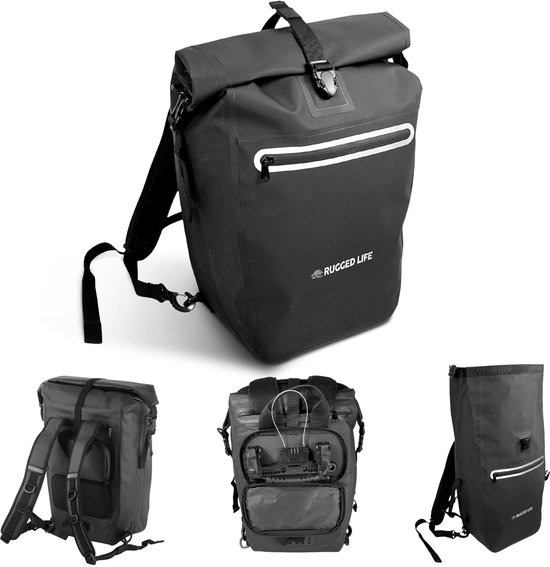 Rugged Life™ Fietstas - 3 In 1 - 31L - 100% Waterdicht - Uitneembaar Laptop Vak - Schouderband en Rugtas - Met Slot - Voor Elektrische en Standaard Fietsen - Zwart van Rugged Life™