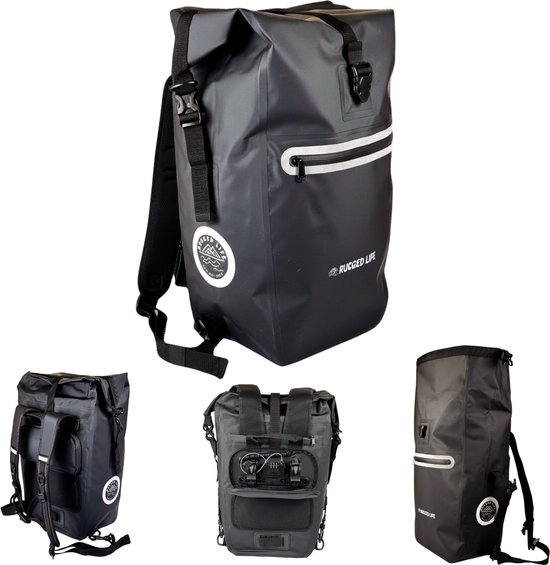 Rugged Life™ Fietstas 3-in-1 31L Waterdicht - Met Reflecterende Logos Zijkanten - Laptopvak, Rugtas, Slot - Zwart van Merkloos