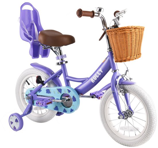 Rully Meisjesfiets - 12/14/16 inch - Fruitendesign - Met Zijwieltjes, Bruine Rieten Mand en Poppenzitje -Paars