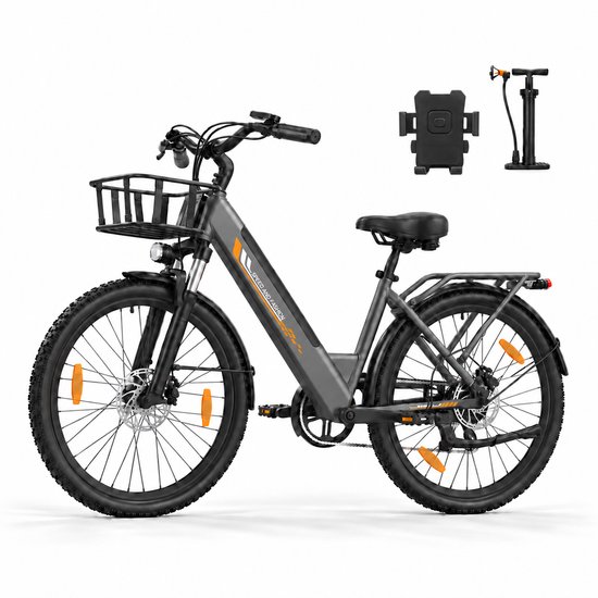 Runetic 26” Elektrische Fiets - Motor 250W - Actieradius 100km - 36V 13AH Verwijderbare Batterij - 25KM/H - Grijs