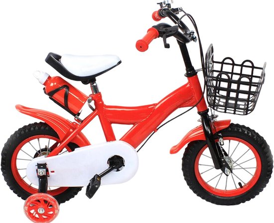 RUX® kinderfiets – Kinderfiets vanaf 3 jaar – Loopfiets – Met Wieltjes – 12 Inch – Sportief – In Hoogte Verstelbaar – Voor Jongens en Meisjes – Met Slijtvaste Banden - Rood - 90cm × 45cm × 60cm