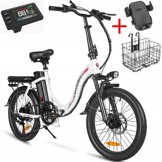 Samebike CY20 Elektrische Fiets - 20" Opvouwbaar, 250W Motor, 36V 12Ah Accu, 7-Speed Shimano, Korf & Standaard - Wit