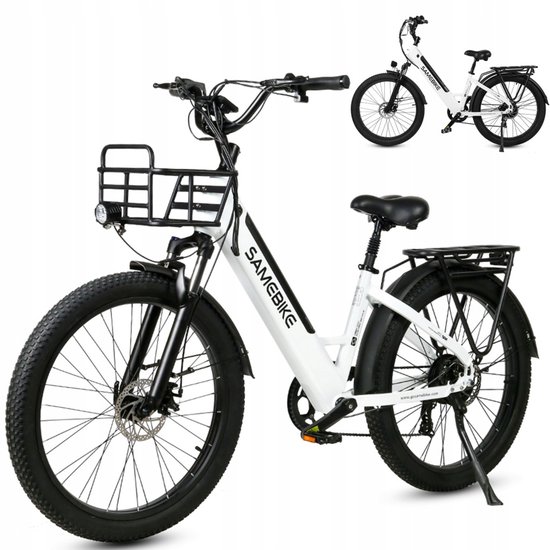Samebike RSA01 Plus Elektrische Fiets – 250W Motor, 48V 14Ah Accu, 100km Bereik, 26"x3.0" Vetbanden, 7-Speed Shimano – Wit van Merkloos