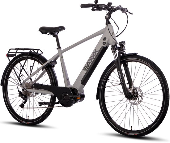 SAXXX 28 inch Elektrische Trekkingfiets - 250W Middenmotor - 90Nm Krachtig Koppel - 36V 522Wh Geïntegreerde Uitneembare Accu - Tot 110 km Actieradius - SHIMANO Deore 10 Versnellingen - Hydraulische Schijfremmen - SR SUNTOUR Verende Voorvork - zilver