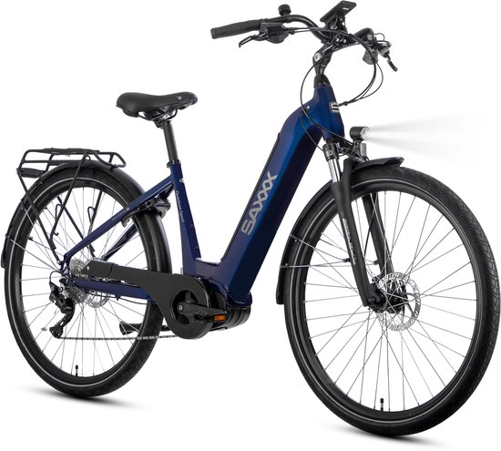 SAXXX 28 inch Lage Instap Elektrische Fiets -Wave Comfort Frame - 250W Middenmotor - 540Wh Geïntegreerde Lithium Accu - Tot 100km Actieradius - SHIMANO Deore 10 Versnellingen -CST Anti-lek Reflecterende Banden - Hydraulische Schijfremmen - nachtblauw