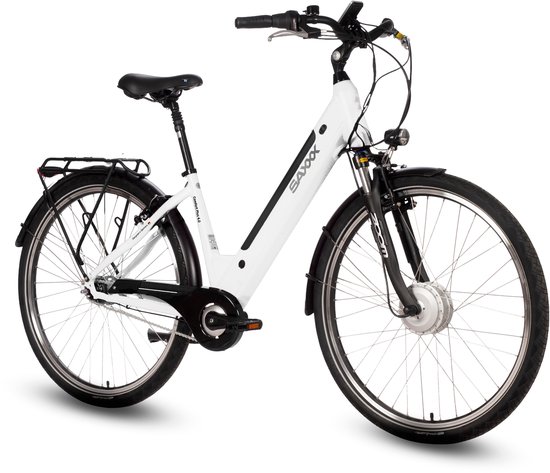 saxxx Comfort Plus 4.0 - 26 inch elektrische stadsfiets - actieradius tot 90 km - 95% voorgemonteerd - voorwielmotor - 36V 418Wh accu - Shimano 7-speed naafversnelling - LCD-display - Wit glanzend