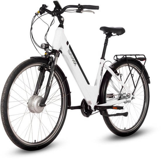 saxxx Comfort Plus 4.0 -28 inch elektrische stadsfiets - actieradius tot 90 km - 95%Vooraf Geassembleerd Stadsfiets - voorwielmotor - 36V 418Wh accu - Shimano 7-speed naafversnelling - LCD-display - Wit glanzend
