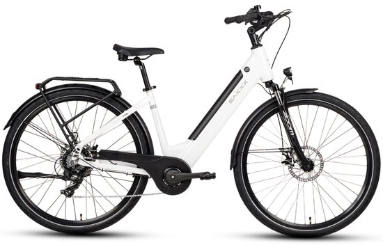 SAXXX E-Bike Stadsfiets 28 Inch - Actieradius tot 90 km - 468Wh Uitneembare Accu - 95% Voorgemonteerd - 250W Motor - ZOOM Mechanische Schijfremmen - Aluminium Frame - Shimano 7 Versnellingen - Wit