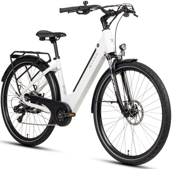 SAXXX Elektrische Fiets Comfort Sport Easy - 468Wh Verwijderbare Accu - 90 km Actieradius - SHIMANO Tourney 7 versnellingen - Achterwielmotor 250W - 28 Inch Wielen - Mechanische schijfrem - Elektrische Stadsfiets - Wit van Saxxx