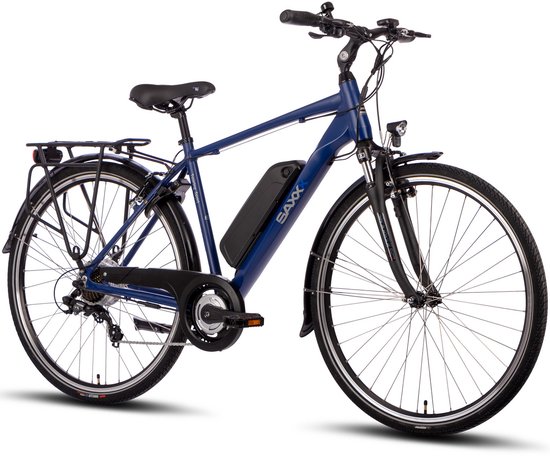 SAXXX Elektrische Fiets Touring Sport - 374Wh Verwijderbare Accu - 100 km Actieradius - Shimano Tourney 7-speed - Achterwielmotor 250W - 28 Inch Wielen - Promax V-brakes - diamantframe - met verlichting, bagagedrager- Elektrische Stadsfiets - Blauw van Merkloos