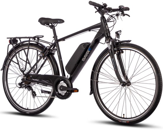 SAXXX Elektrische Fiets Touring Sport - 374Wh Verwijderbare Accu - 100 km Actieradius - Shimano Tourney 7-speed - Achterwielmotor 250W - 28 Inch Wielen - Promax V-brakes - diamantframe - met verlichting, bagagedrager- Elektrische Stadsfiets - Zwart van Merkloos