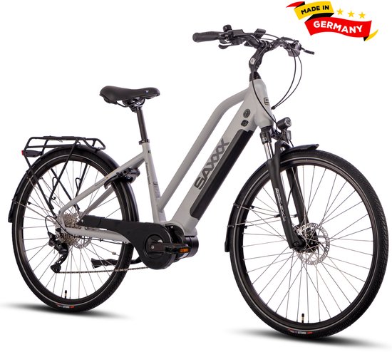 SAXXX PREMIUM SPORT TRAPEZ - Elektrische Fiets - 95% Vooraf Geassembleerd Stadsfiets - 522Wh Verwijderbare Accu - 100 km Actieradius - Middenmotor 250W - Shimano Deore 10-speed - 28" Wielen - Hydraulische Schijfremmen - zilver van Saxxx