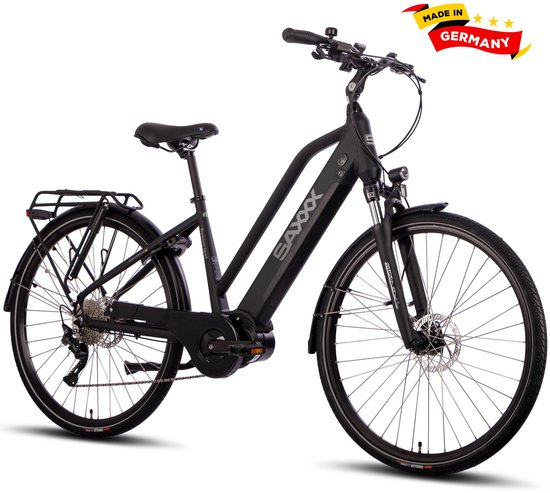 SAXXX PREMIUM SPORT TRAPEZ - Elektrische Fiets - 95% Vooraf Geassembleerd Stadsfiets - 522Wh Verwijderbare Accu - 100 km Actieradius - Middenmotor 250W - Shimano Deore 10-speed - 28" Wielen - Hydraulische Schijfremmen - Zwart van Saxxx