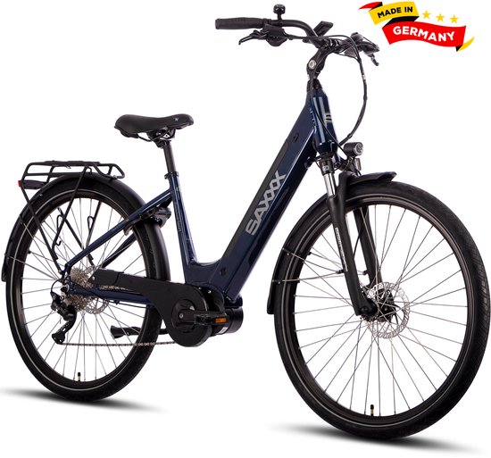 SAXXX PREMIUM SPORT WAVE - Elektrische Fiets - 95% Vooraf Geassembleerd Stadsfiets - 522Wh Verwijderbare Accu - 100 km Actieradius - Middenmotor 250W - Shimano Deore 10-speed - 28" Wielen - Hydraulische Schijfremmen - Blauw van Saxxx