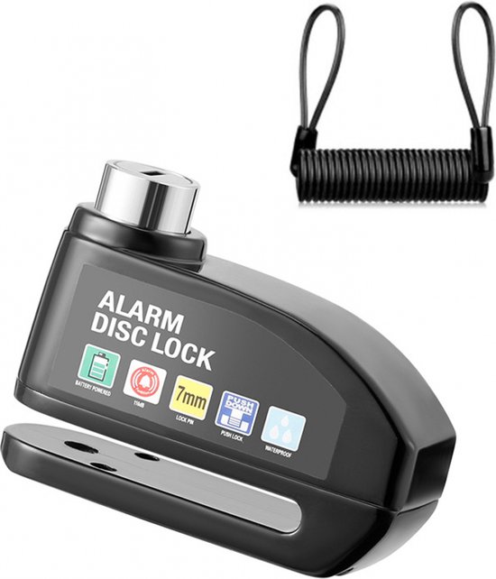 Schijfremslot Alarm - Remschijfslot met alarm - met Reminderkabel - 7 mm - Motorslot - Scooterslot van Velder