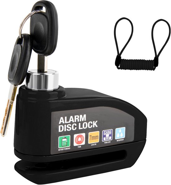 Schijfremslot met Alarm - Motorslot - Scooterslot - Motor Alarm Sirene - Remschijfslot 110 dB - 7 mm Pen - met Reminderkabel en Opberghoes